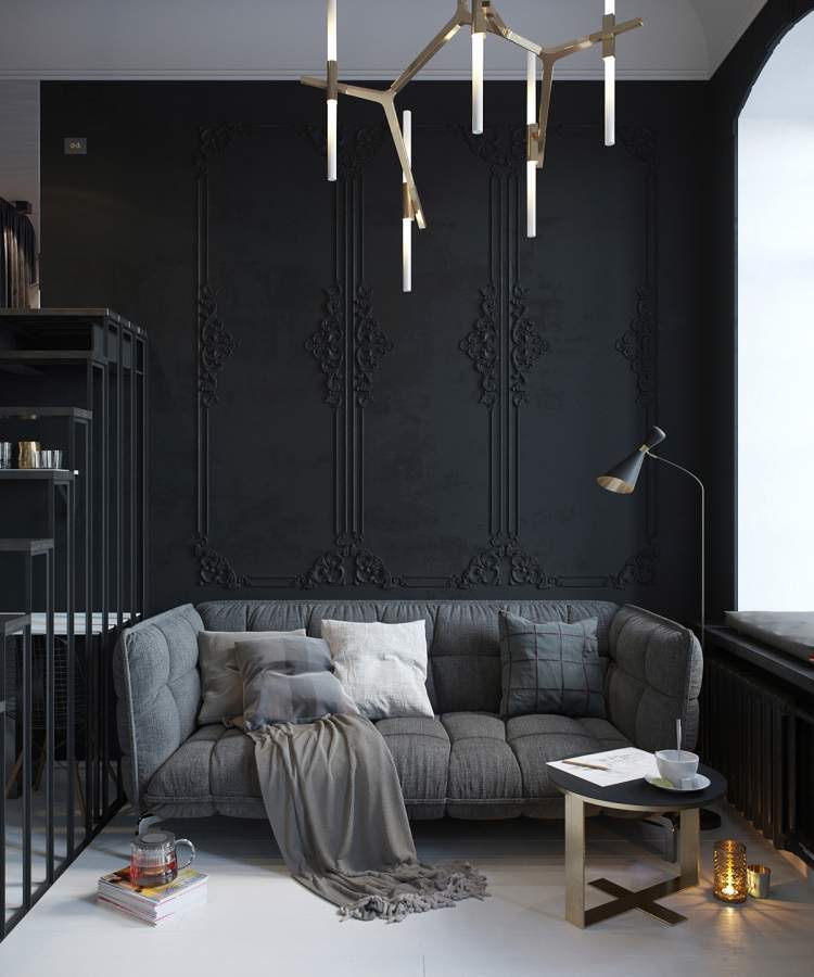 Маленькая квартира от дизайнера Татьяны Шишкиной выполнена в темно-серых и черных цветах.