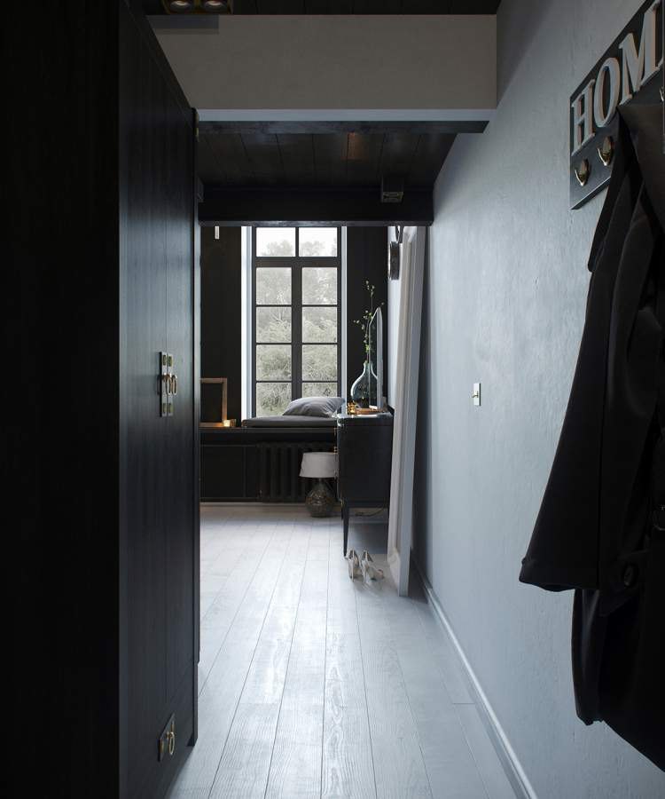 Маленькая квартира от дизайнера Татьяны Шишкиной выполнена в темно-серых и черных цветах.